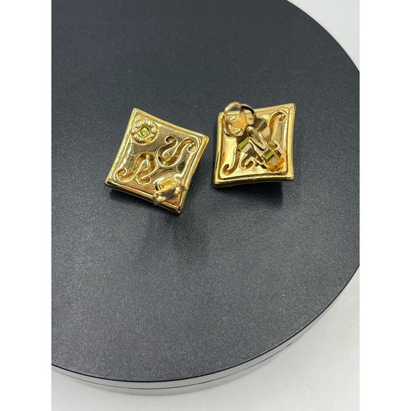 Swarovski Vintage Swan Square Gold Tone Rhinestone Clip On Earrings - Picture 12 of 16